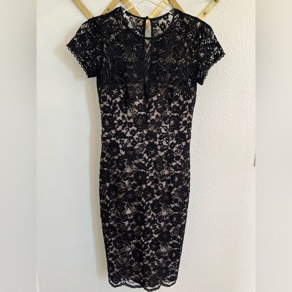 Maggy London Black Lace Illusion Midi Cocktail Dress 4 - Picture 1 of 5